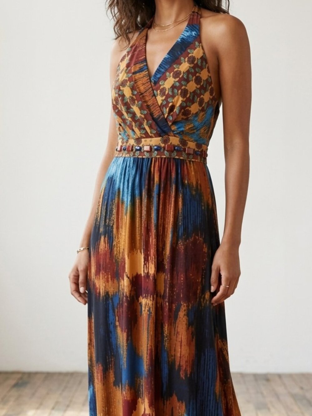 Earthy Abstract Halter Vneck Smocked Beaded Maxi Dress 8 Beach Resort Stretch